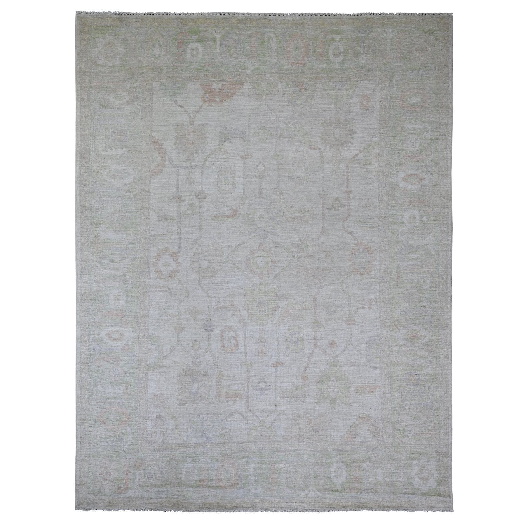 Chiffon White, Afghan Angora Oushak with Faded Out Leaf Design, Hand Knotted, 100% Wool, Oriental Rug